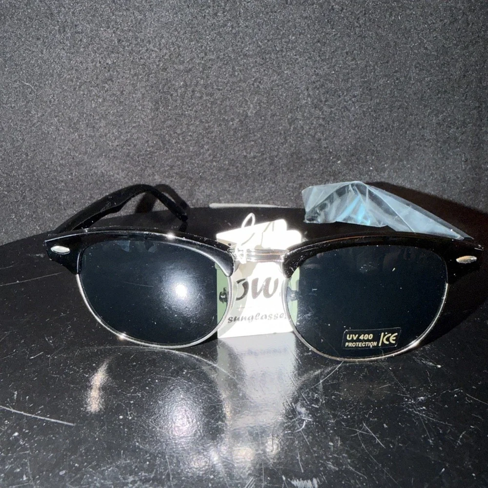 OWL Half Frame Sunglasses /Black Silver Frame /Black Lens. UV400